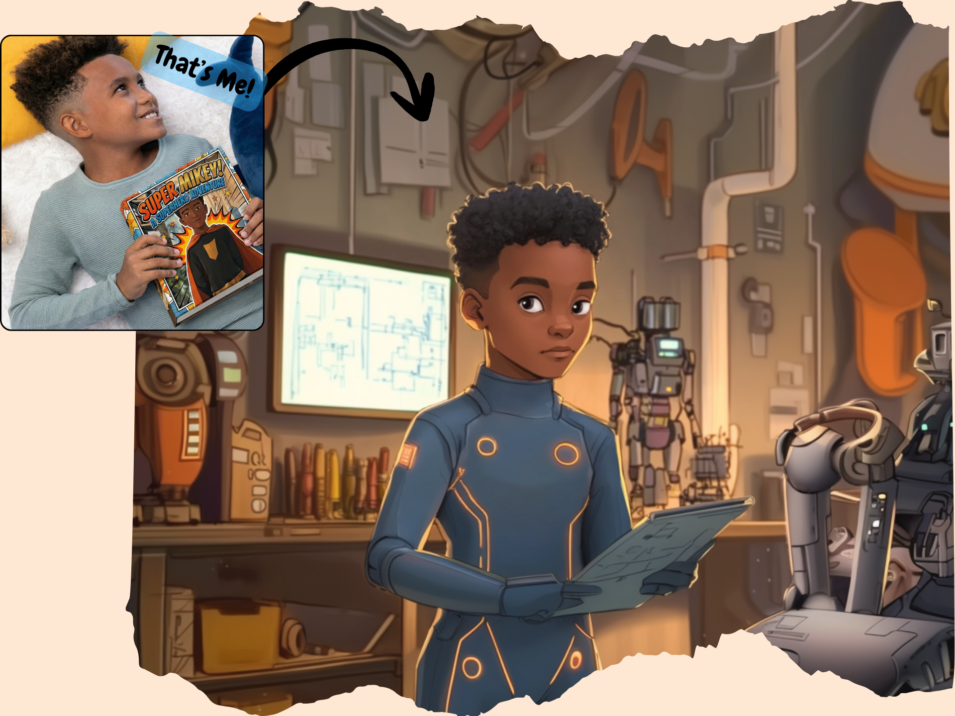 Preview of superhero book featuring a boy appearing as tech superhero