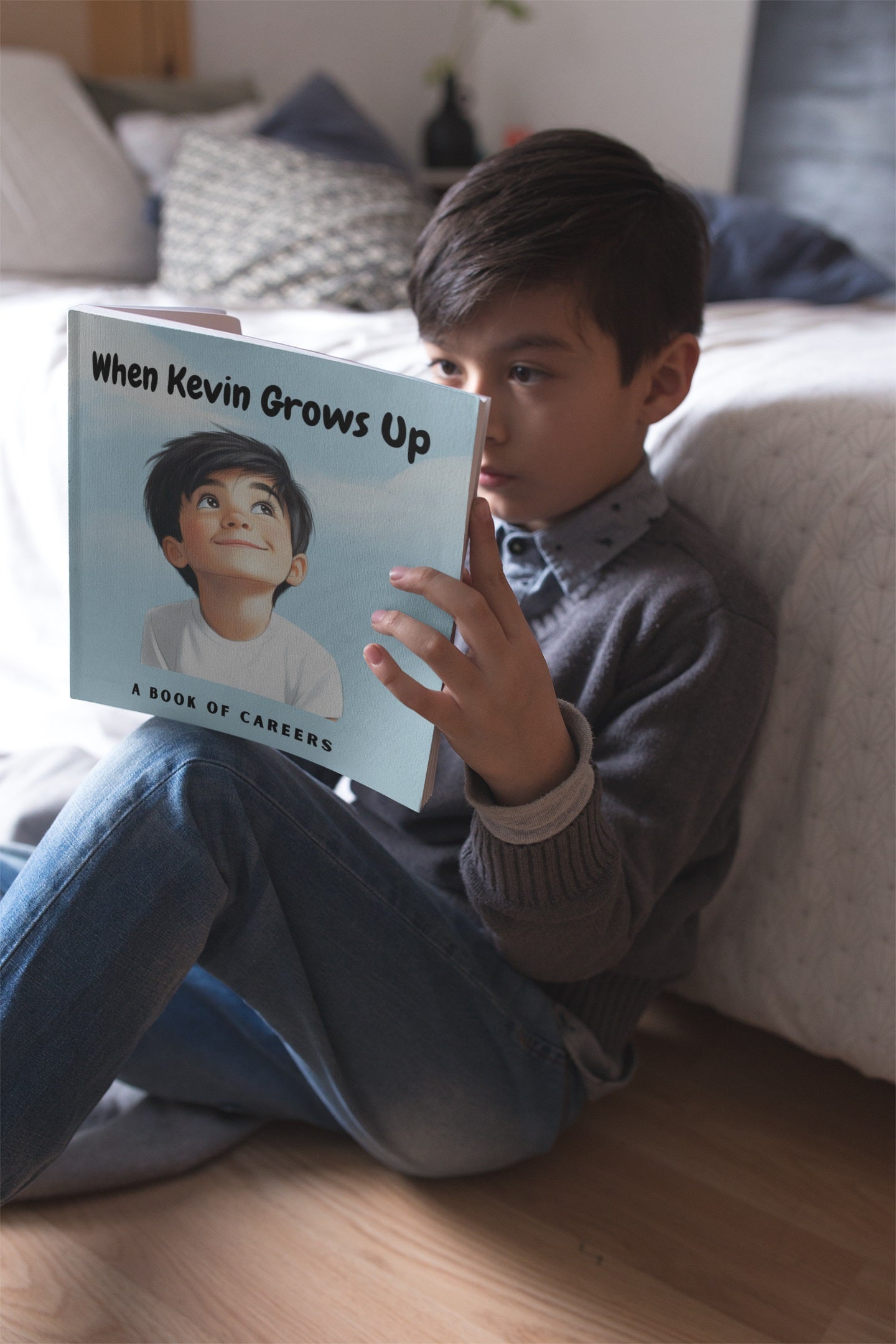 Boy reading the Storybabe toddler book of careers with personalized cover image