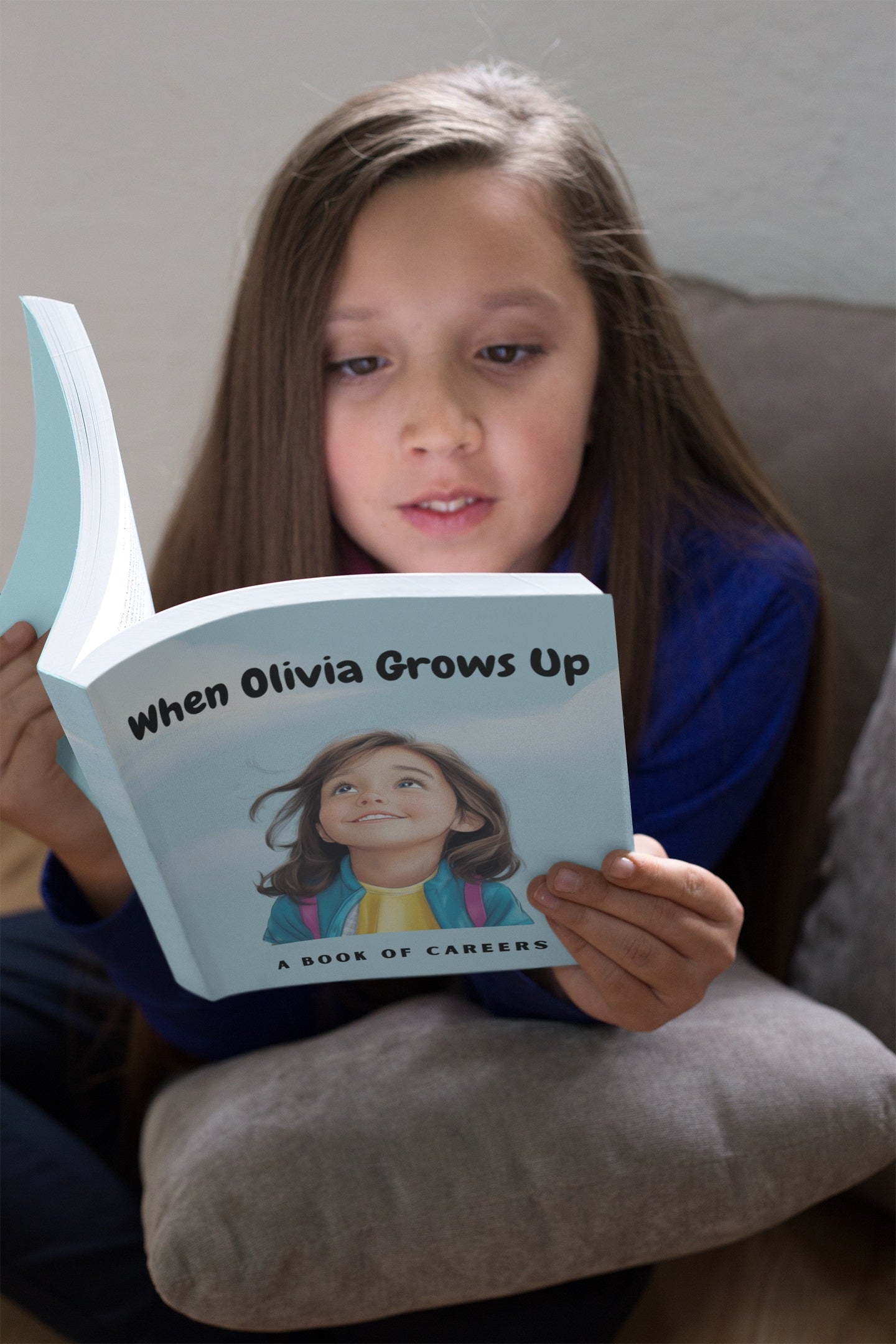 Girl holding and reading her own custom-made Storybabe baby book and toddler book