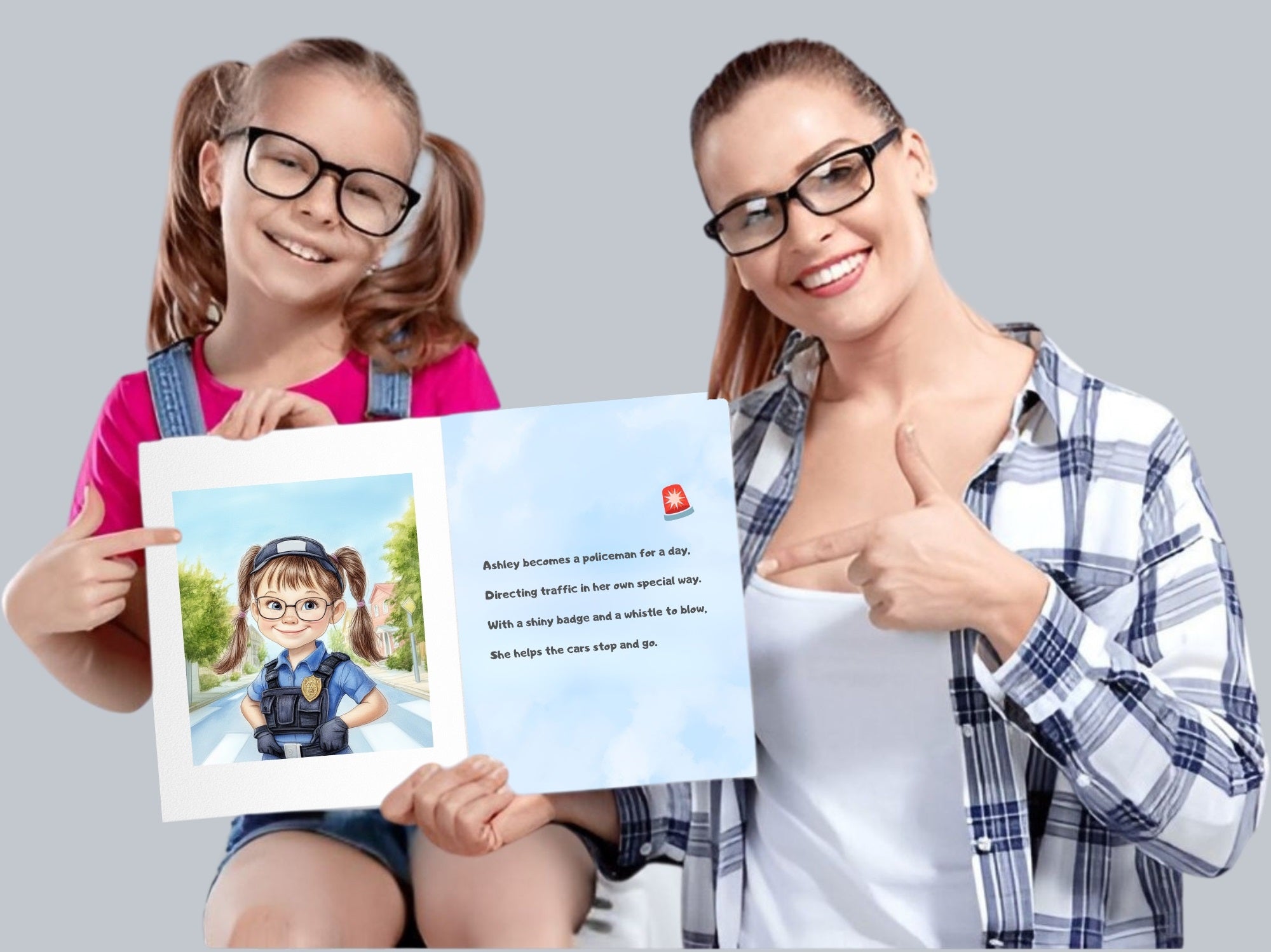 Mother and daughter showing a page from personalized children's book of careers by Storybabe