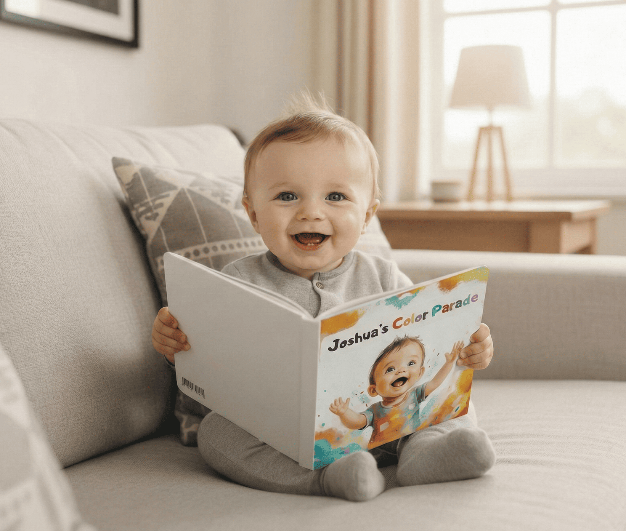 Baby sitting on a couch holding a book titled 'Joshua's Color Parade' in a cozy living room. Part of Storybabe color book preview