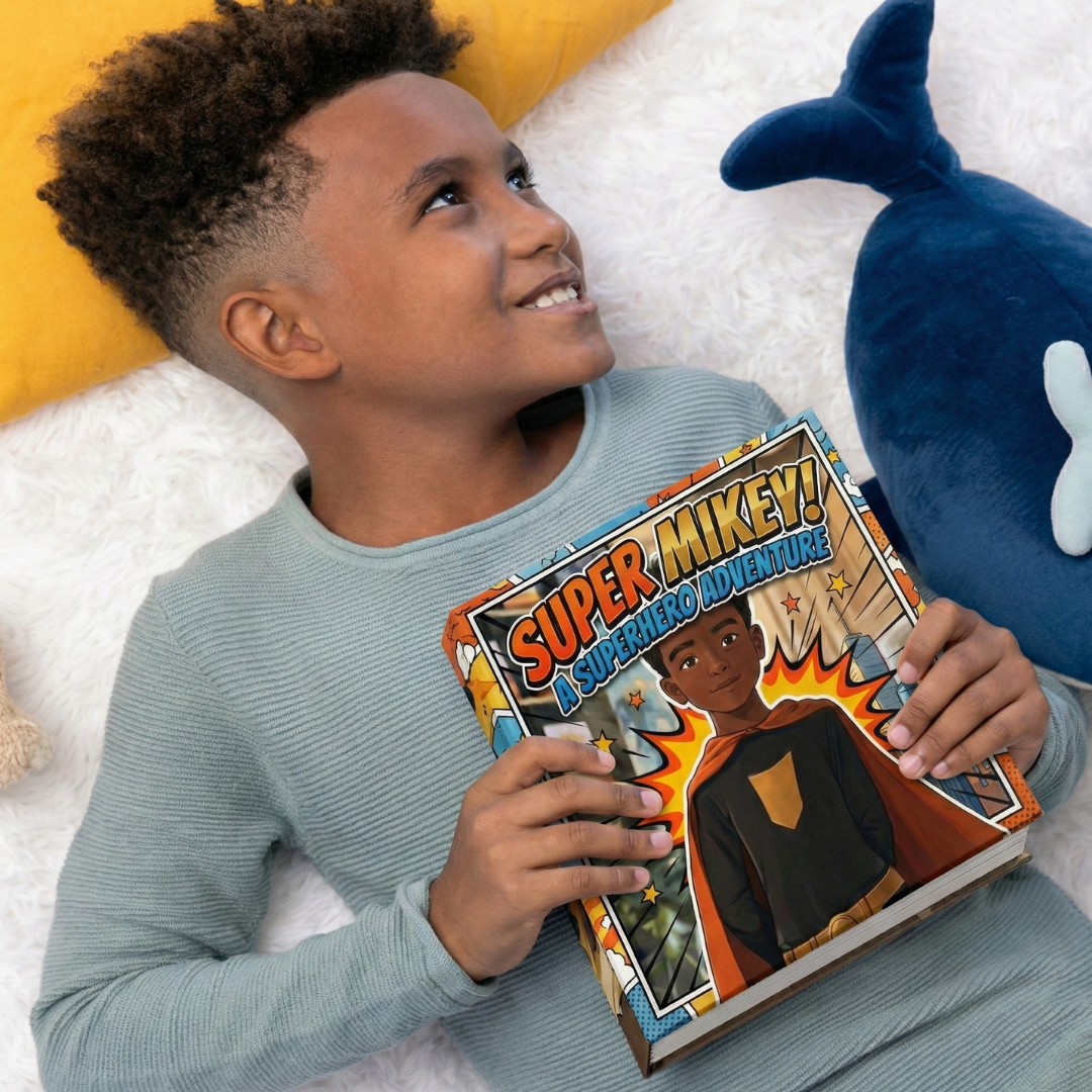 Child holding a Storybabe book titled 'Super Mikey! A Superhero Adventure' with a blue plush toy next to them.