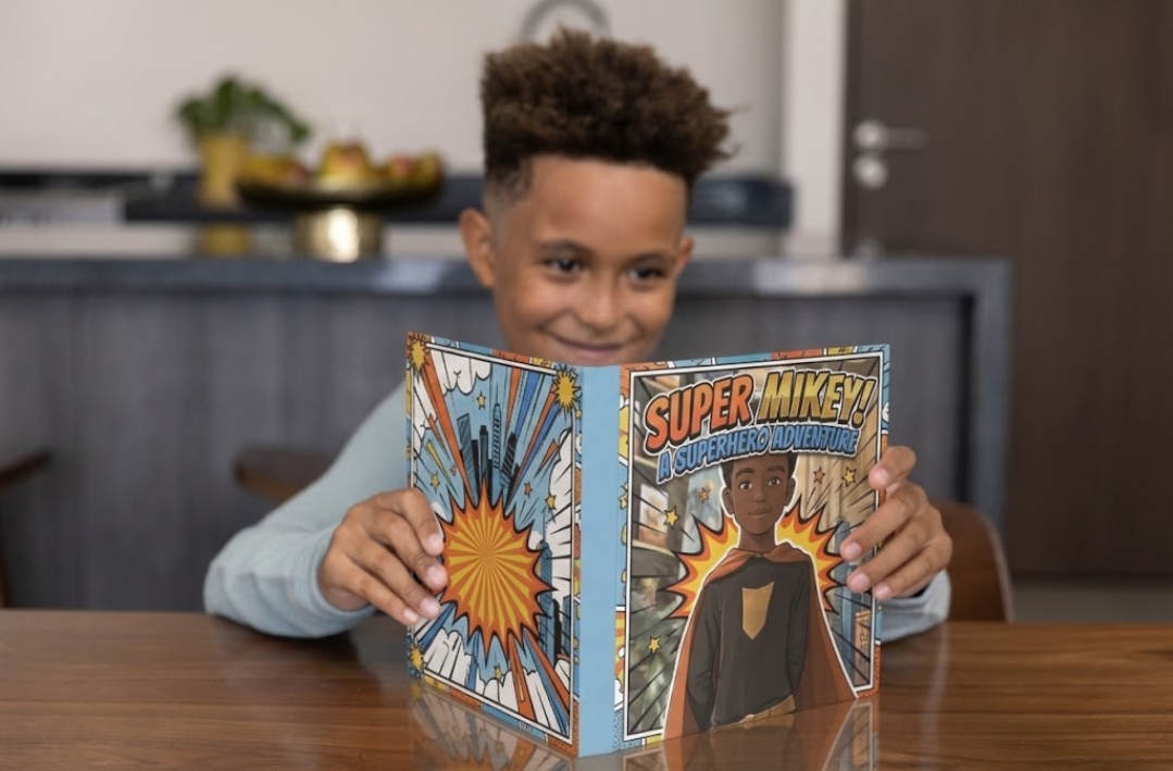 Boy reading Storybabe's Personalized Superhero Adventure book