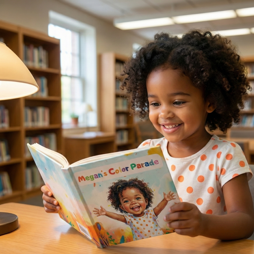 Child reading a book titled 'Megan's Color Parade' in a library setting, part of Storybabe color book preview