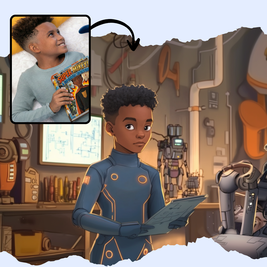 Child as personalized superhero in Storybabe book, wearing futuristic outfit holding a tablet in a robot-themed room