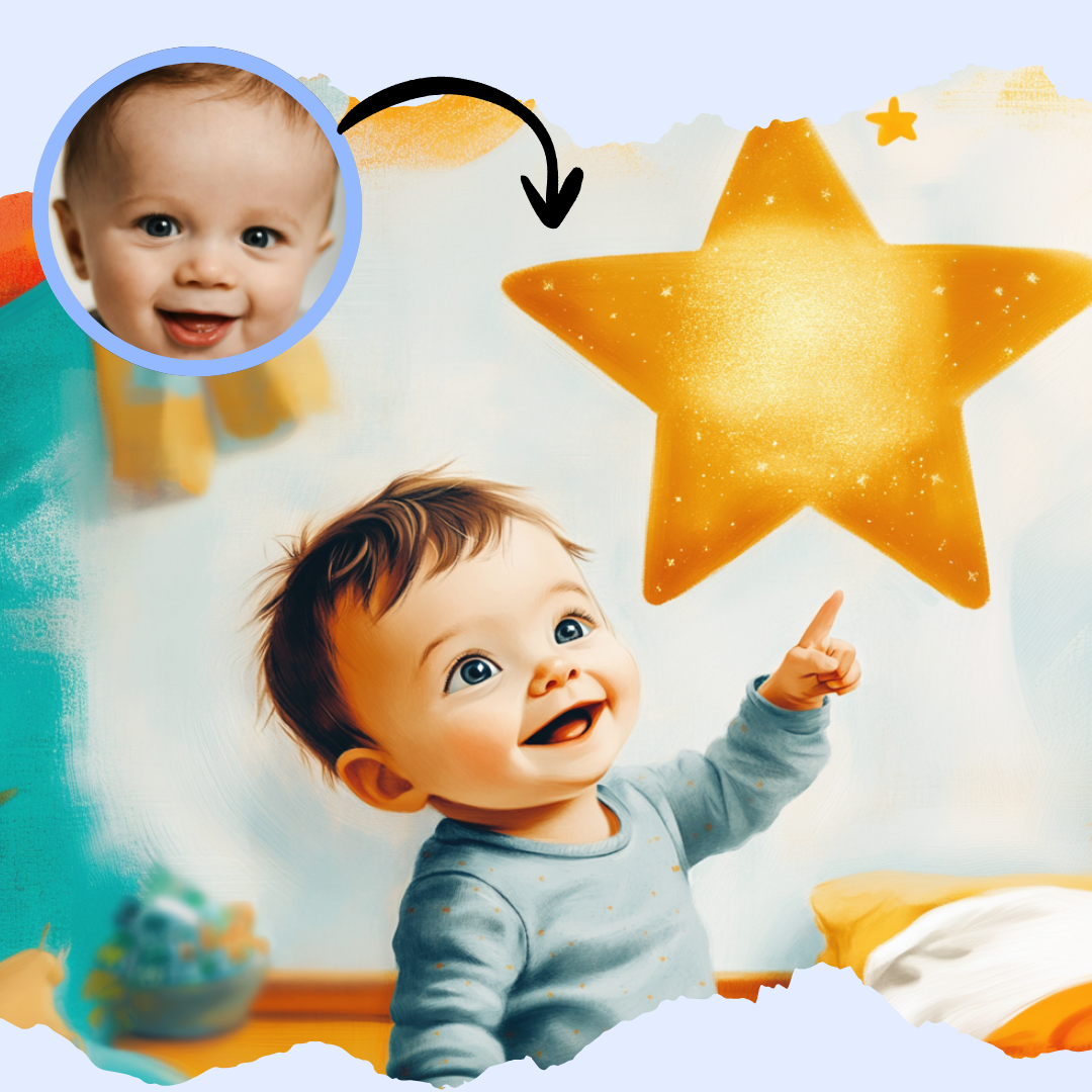 Child pointing at a large star with a close-up inset of the child's face, part of Storybabe color book preview