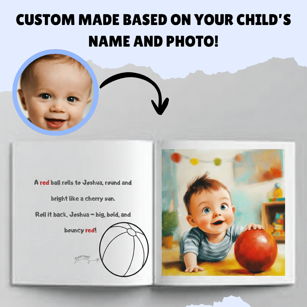 Personalized book for a child with a photo of a baby and text, on a light gray background.