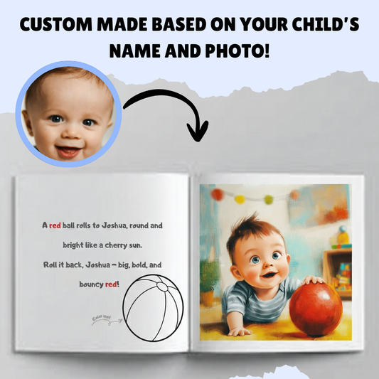 Personalized book for a child with a photo of a baby and text, on a light gray background.