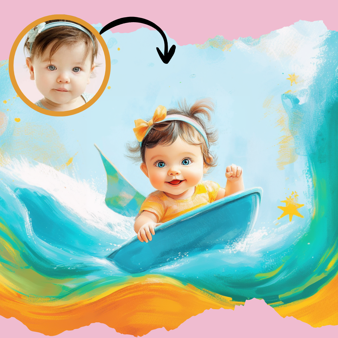 Baby in a boat with colorful watercolor background, part of Storybabe color book preview