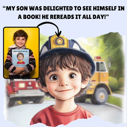 Child in firefighter hat with inset of child holding book titled 'When I Grow Up', with text about son being delighted by book.