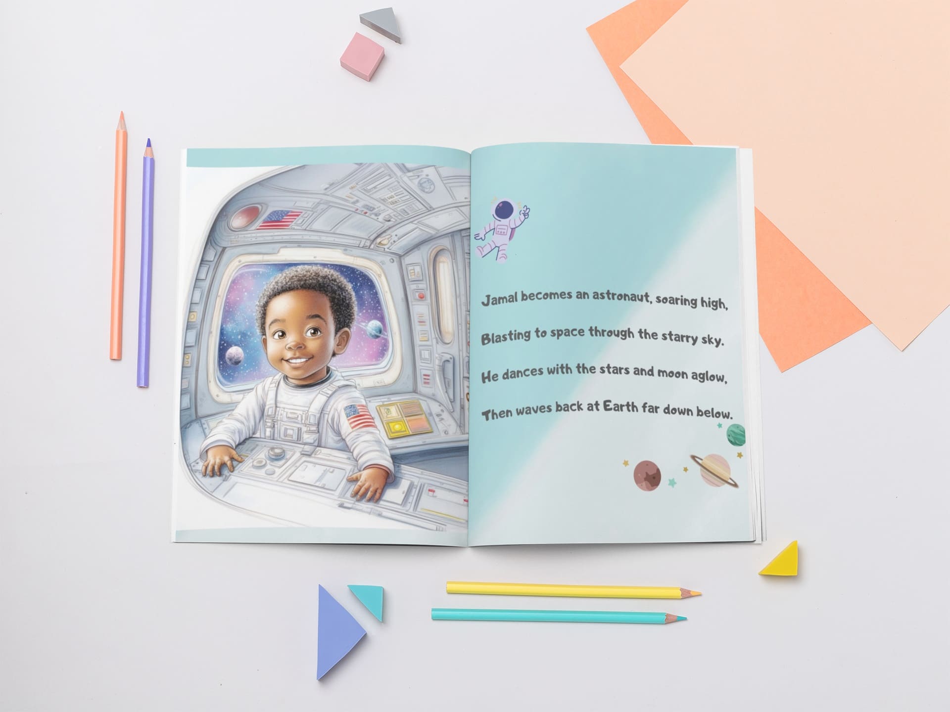 Example of personalized storybook opened to page showing black boy as an astronaut 