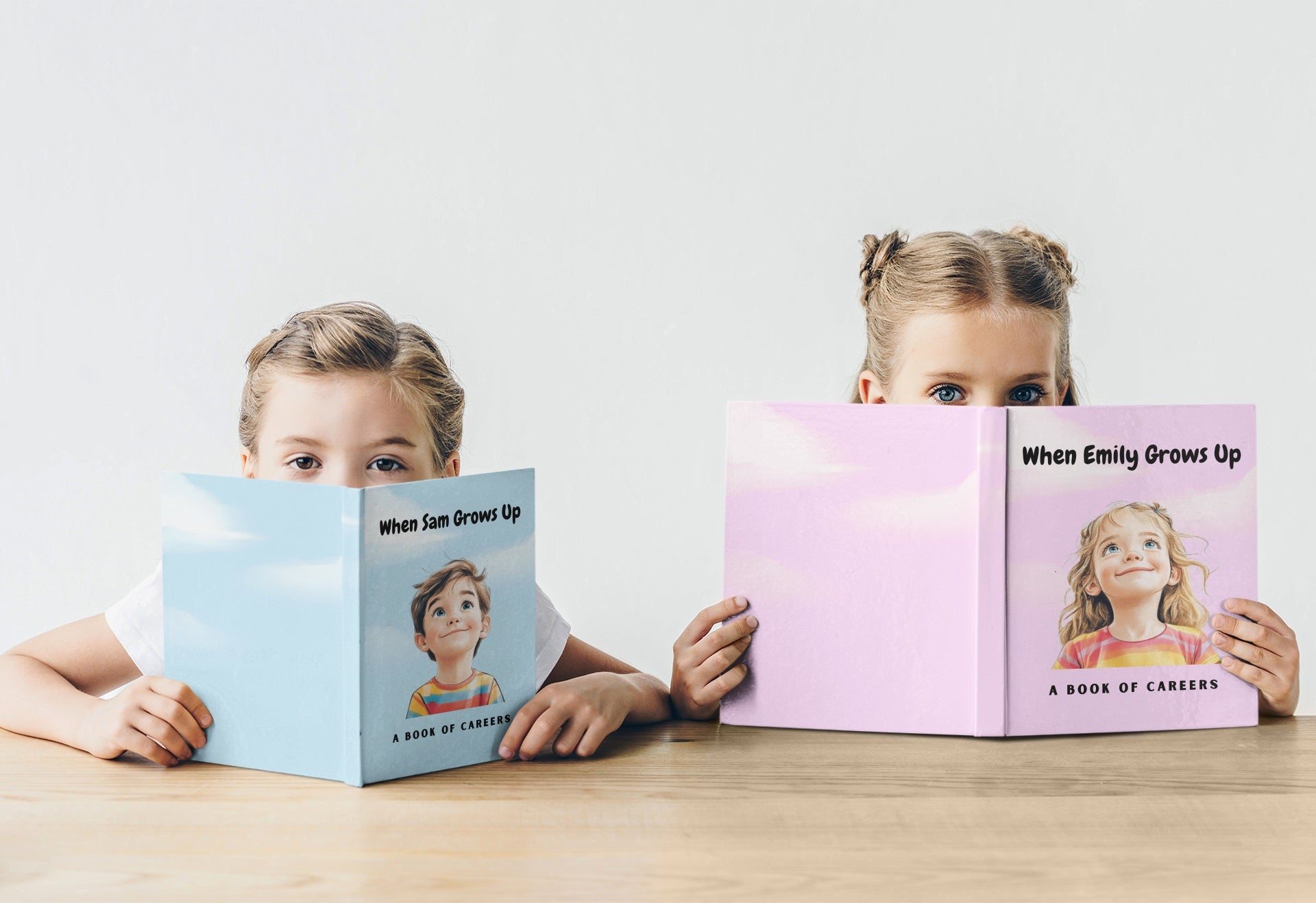 Two kids with open Storybabe custom-made books showing off customized book covers