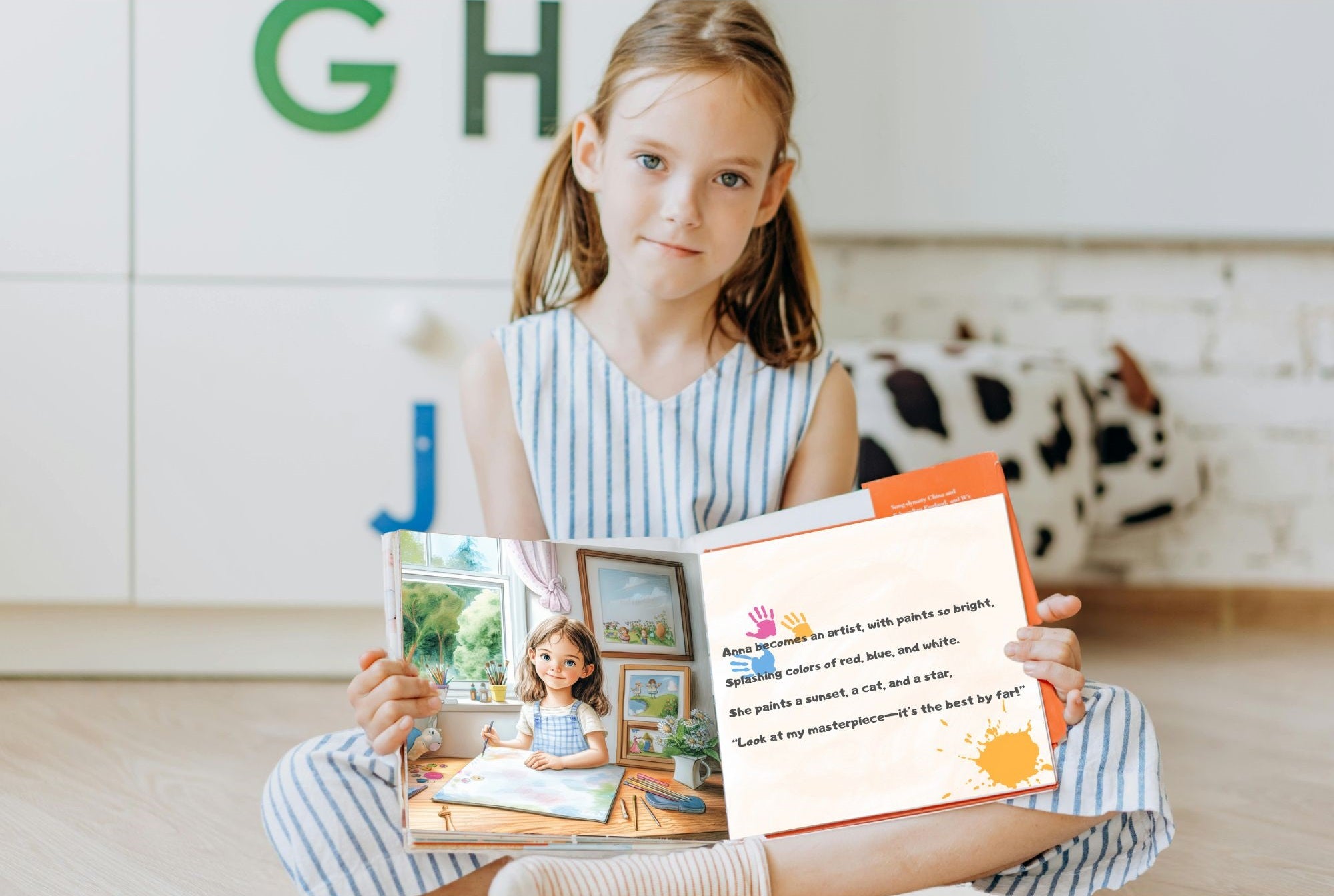 Girl showing off her personalized toddler's book gift
