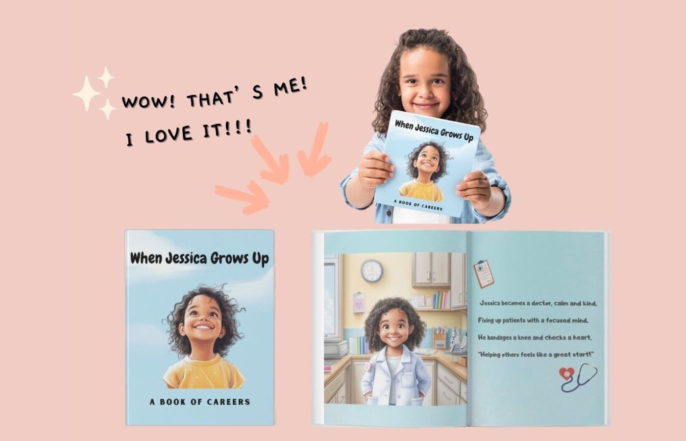 Girl child with her own personalized storybook and content preview