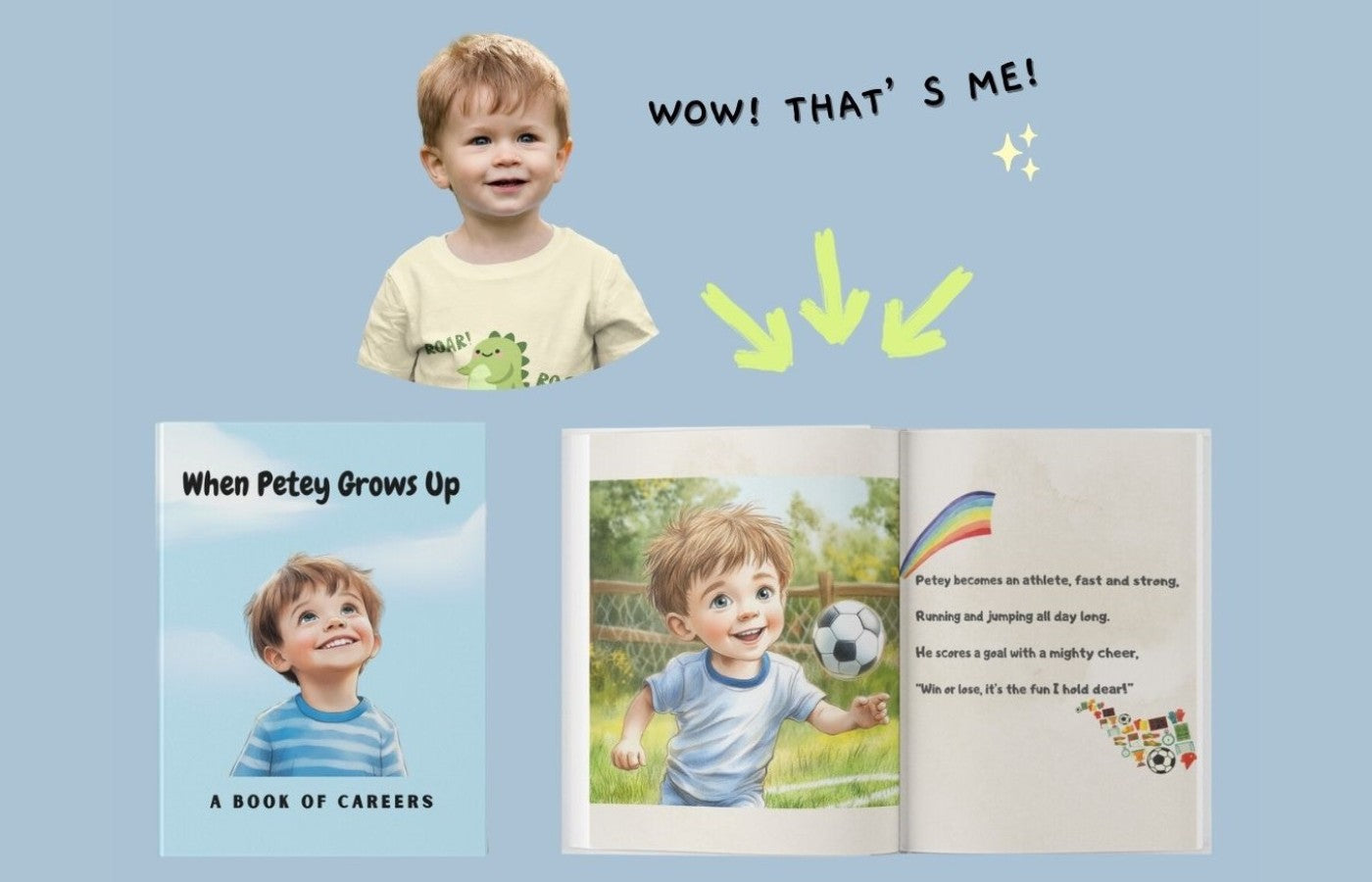 Boy child with his own personalized storybook and content preview